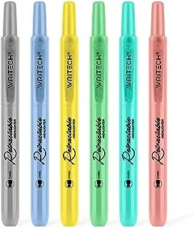 WRITECH Retractable Highlighters 6 Mild Assorted Colors: Chisel Tip Click Aesthetic Highlighter Marker Pens Pack Multi Colored Ink No Bleed Smear for Highlighting Journaling