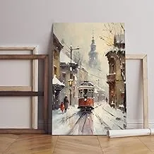 home gallery painting red tram snow Printed Canvas wall art 90x60 cm
