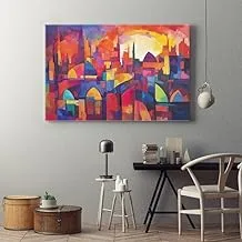 home gallery painting city with blue sky red sun Printed Canvas wall art 90x60 cm