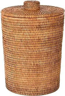 Kouboo La Jolla Rattan Round Plastic Insert & Lid, Large, Honey-Brown for Bedroom, Living Room and Bathroom Basket for Dry and Organic Waste