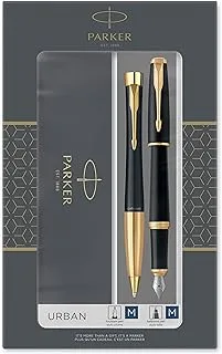 Parker Urban Duo Gift Set with Ballpoint Pen & Fountain Pen| Muted Black with Gold Trim | Blue Ink Refill & Cartridge