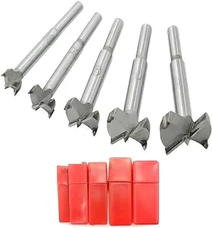 Mengshen Forstner Drill Bits Woodworking Drill 15-35mm 5PCS, Carbon High Speed Steel Flat Wing Drilling Hole Hinge Cemented Carbide Drilling Sets with Round Shank