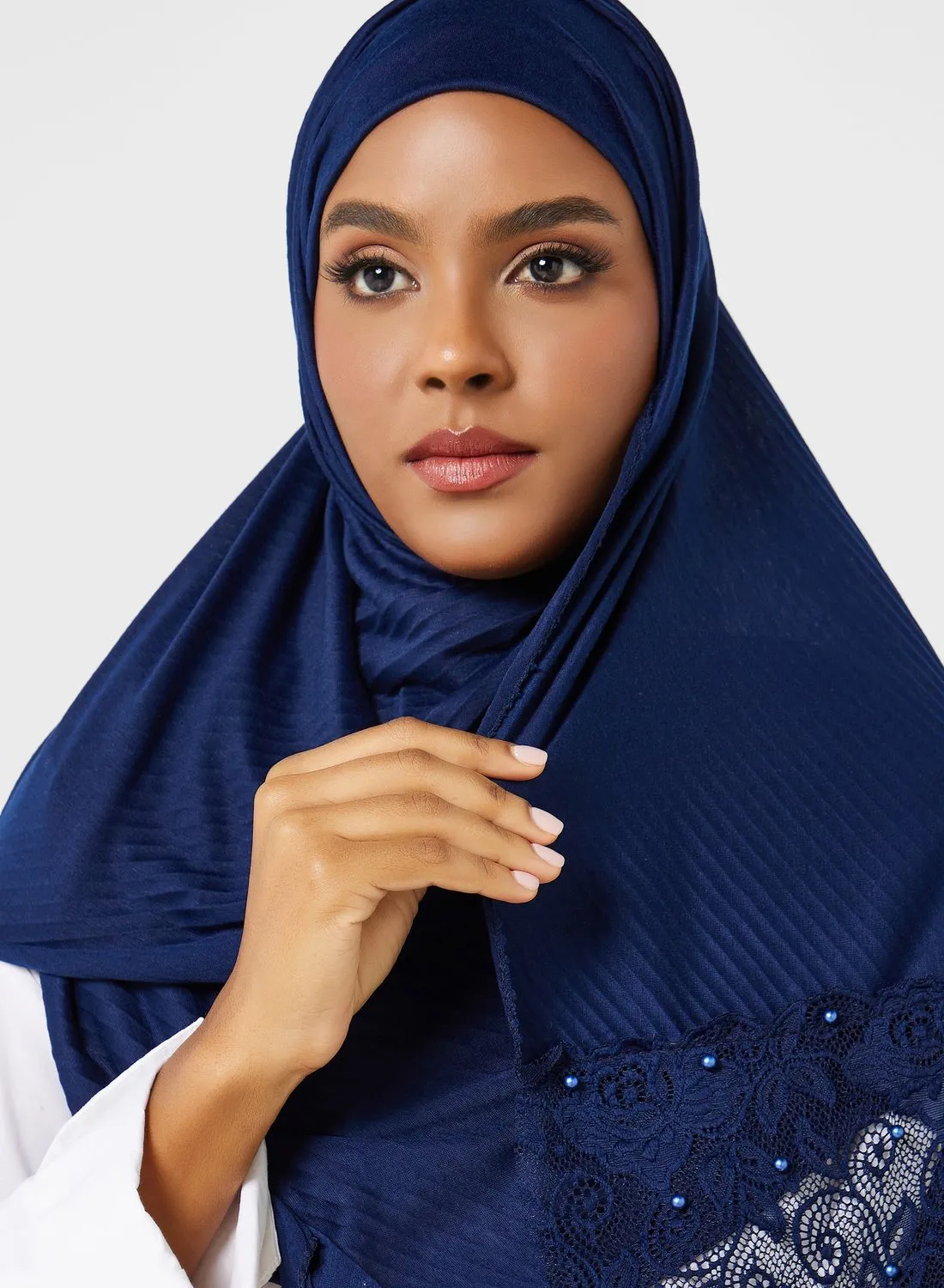 Khizana Pearl Lace Detail Pleated Long Hijab Scarf