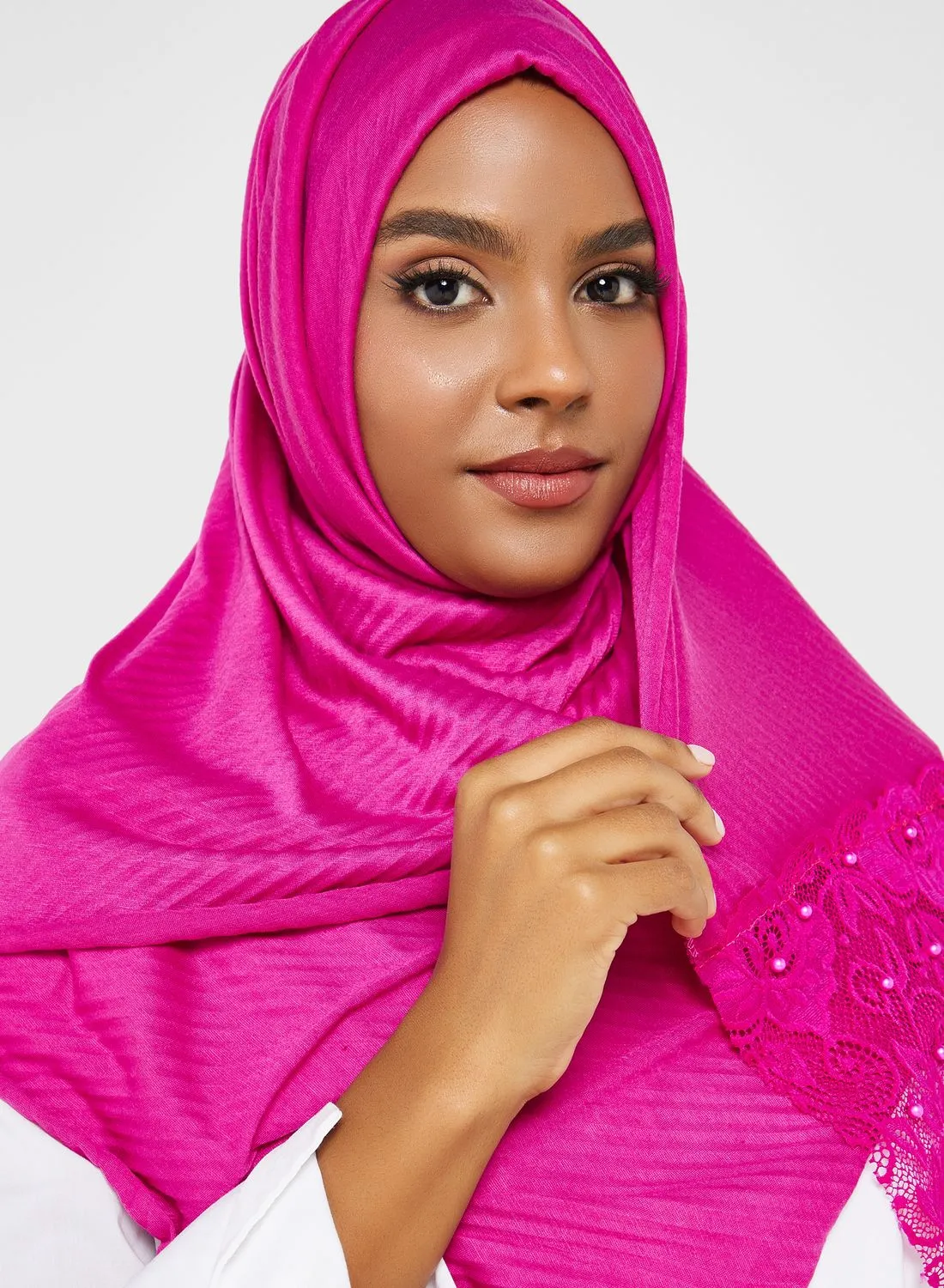 Khizana Pearl Lace Detail Pleated Long Hijab Scarf