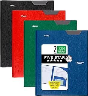 Five Star 2 Pocket Folders with Prong Fasteners, Stay-Put Folder, Folders with Pockets, Plastic, Black, Red, Green, Blue, 4 Pack (38064)