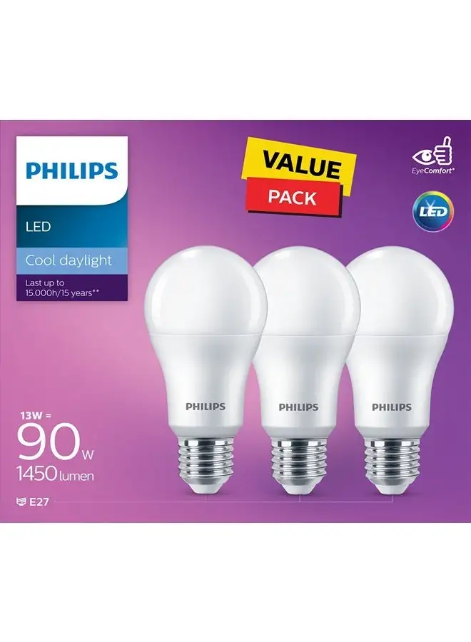 Philips 3-Piece 13W Non-Dimmable LED Bulb Daylight 6500K