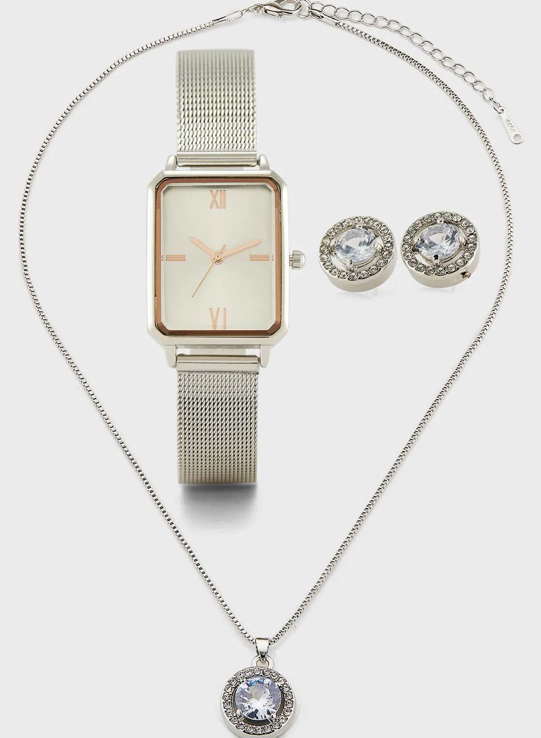 ELLA Rectangular Chain Strap Watch, Earrings And Necklace Gift Set