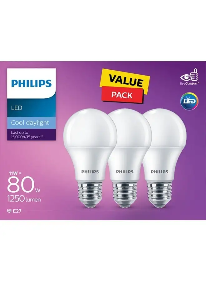 Philips 3-Piece 11W Non-Dimmable LED Bulb Daylight 6500K