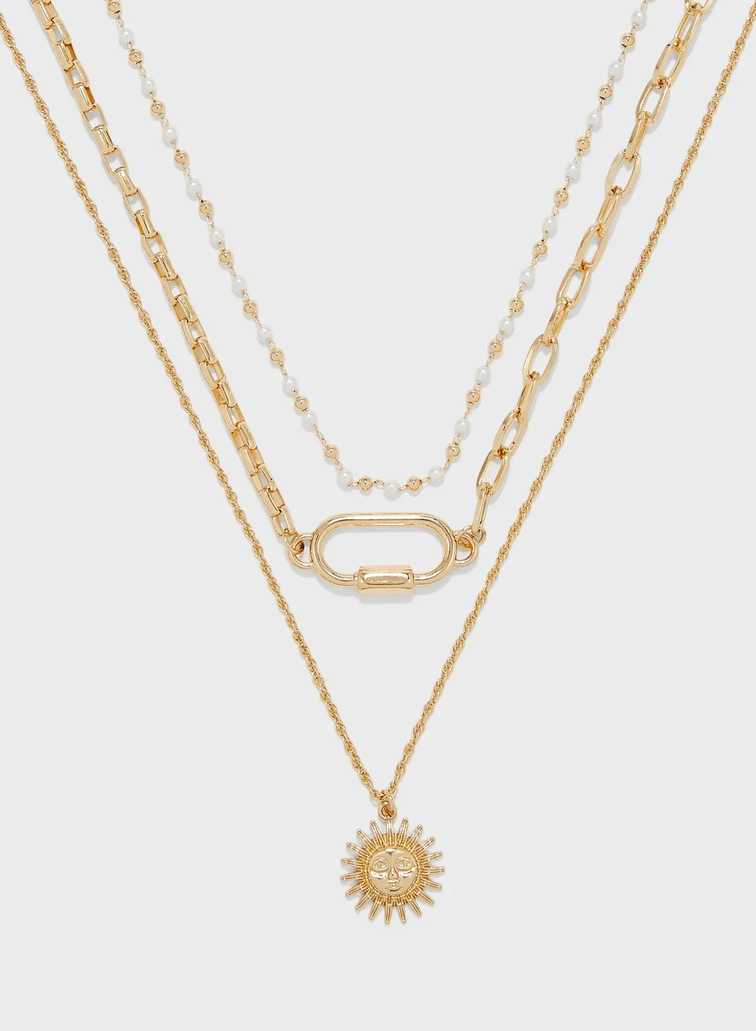 Ginger Triple Layered Chain Necklace With Sunburst Pendent