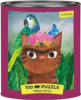 Mudpuppy Frida Catlo Artsy Cat Puzzle Tin, 100 Pieces, 12”x12” – Perfect Family Puzzle for Ages 6+ - Colorful Feline Portraits Inspired by Great Artists – Paint Can Package – Fun Indoor Activity