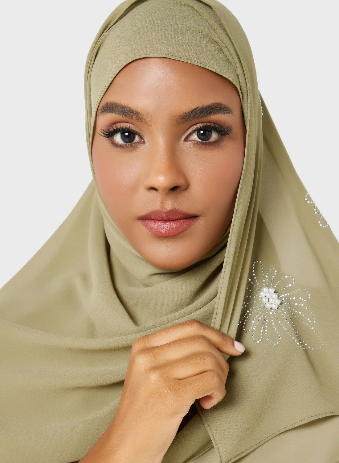 Khizana Pearl Floral Embellished Long Hijab Scarf