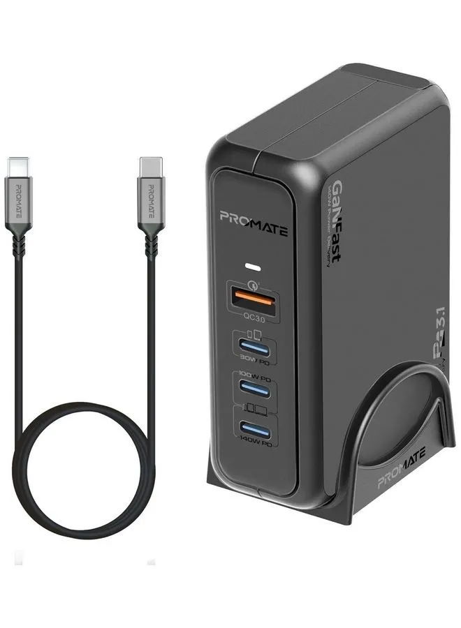 PROMATE 140W Super Speed GaNFast Charging Station With Power Delivery 3.1 & Quick Charge 3.0 - 140/100/30W USB-C port, 18W QC 3.0 USB Port - 240W Power Delivery Cable Included Black