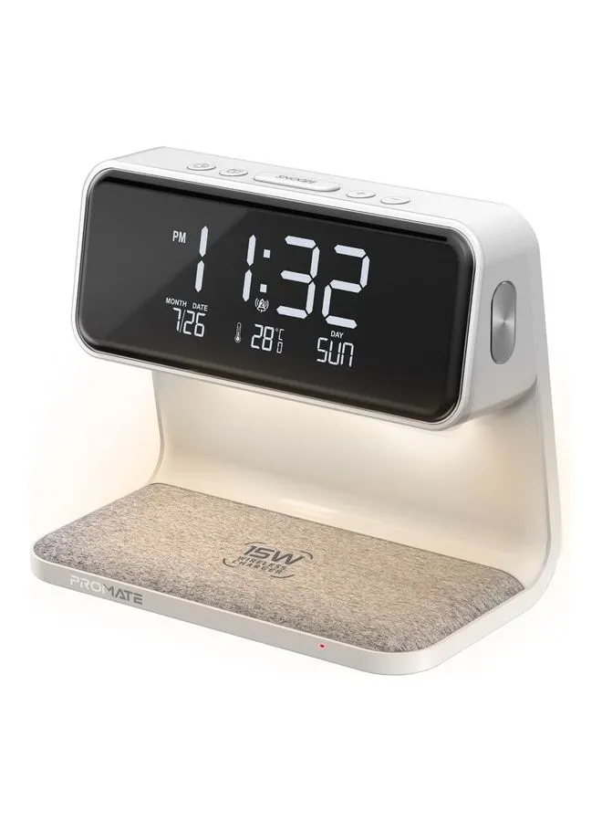PROMATE Wireless Charging Alarm Clock With Ultra-Fast 15W Qi Wireless Charger And 3-Level LED Light White