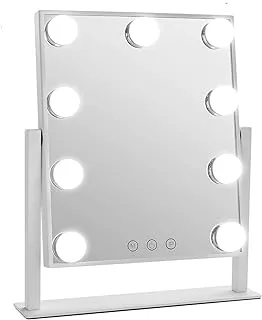 مرآة فانيتي مضاءة من هوليوود مع 9 مصابيح LED قابلة للتعتيم وتصميم للتحكم باللمس، مرايا مكياج قابلة للتعديل بثلاثة ألوان مع مجموعة إضاءة، مرايا مستحضرات تجميل للمكياج - أبيض