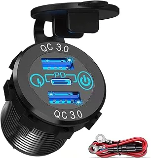 ELECDON Car Charger Socket, 12V/24V Triple USB Outlet 20W PD & 18W QC3.0 Aluminum Metal Car Socket with Touch Power Switch, Fast Charge Adapter for Car Boat Marine RV Golf Cart Motorcycle