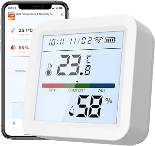 【Free Mobile APP Alarm Alerts】Smart Temperature and Humidity Sensor, Linkage Turn on Air Conditioner, Humidifier,℉&℃, Backlight Settings, Compatible with Alexa/Google Home