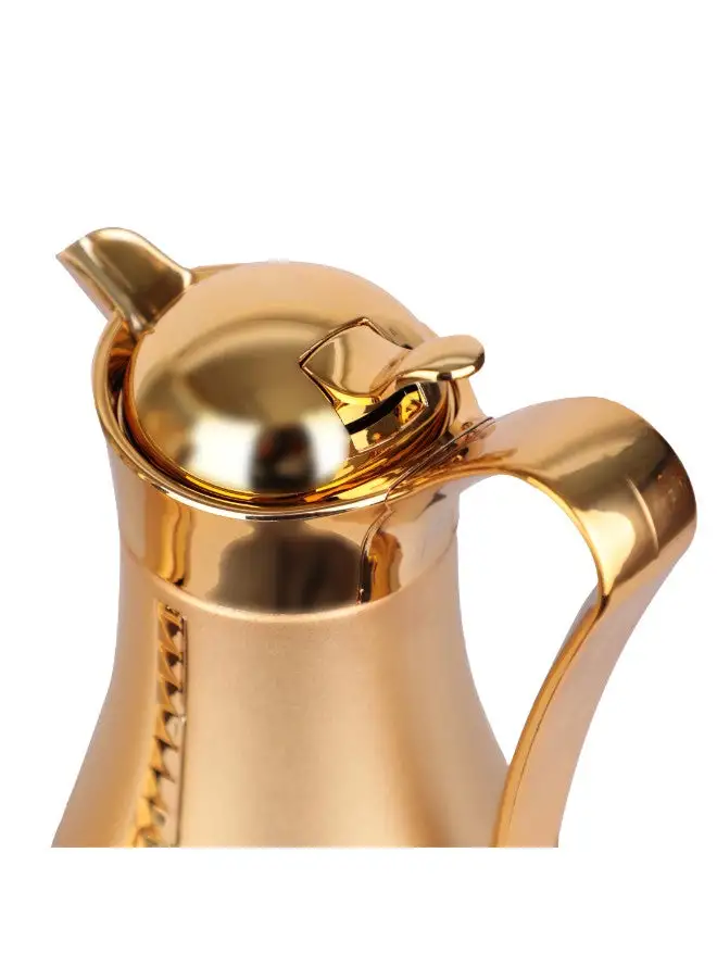 Soleter Soleter 2 Piece Flask Set Crystal Design Vacuum  With Metal Body Glass Insert 1 Liter  Wide Mouth With Anti-Leakage Cap  Matt Gold Color Body