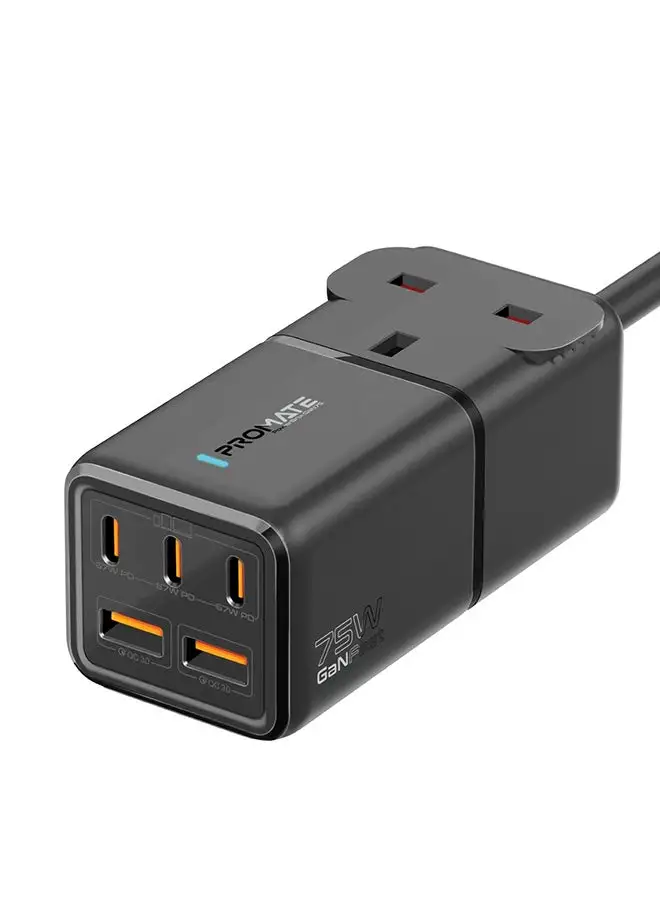 PROMATE 6-In-1 Multi-Port 75W GaNFast Power Extension With 3250W AC Socket Black