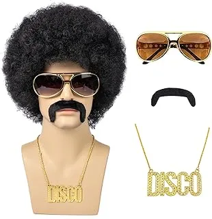 Wig Men, 4pcs Set 70'S Costumes Wig Disco Wig for Men Natural Fluffy Short Black Curly Synthetic hair Wig for Halloween Cosplay Party (Wig+ Glasses+ Necklace+ Mustache)