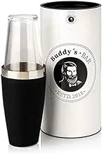 Buddy's Bar - بوسطن شيكر، كوب 700 مل + زجاج 400 مل، آمن للطعام، آمن للاستخدام في غسالة الأطباق، شيكر كوكتيل أنيق بما في ذلك صندوق الهدايا، مطاطي أسود
