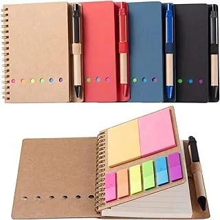Spiral Notebooks for Note Taking 4 Packs Small Notebooks with Pen in Holder and Sticky Notes, Page Marker Colored Index Tabs Flags (4 Colors Black/Red/Brown/Blue 4 Packs)