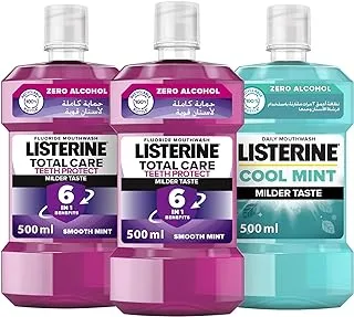 LISTERINE, Mouthwash, Zero Alcohol, Total Care, 500ml, 2+1 Pack Cool Mint 500ml Free