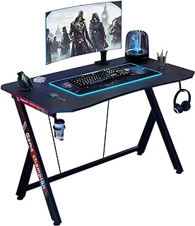 WOODIES Gaming Desk 120 cm, Home Office Desk Workstation with Carbon Fiber Surface, Gaming Table with Headphone Hook and Cup Holder
