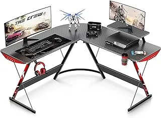 WOODIES L Shaped Gaming Desk 130cm L Shaped Desk, Carbon Fiber, Computer Corner Desk with Large Monitor Riser Stand for Home Office, Gaming Desk with Shelf