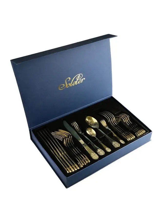 Soleter Soleter 30 Piece Cutlery Set  Stainless Steel Flatware Set With Case  Eco-Friendly  Gold  And Mirror Polish  And Laser Pattern With Gold Color