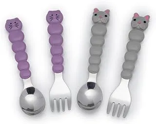 melii Colorful Animal Spoon & Fork Sets for Kids - Encourages Independent Feeding and Fine Motor Skills - BPA-Free, Dishwasher Safe - Purple Cat & Grey Bulldog (4 Pcs)