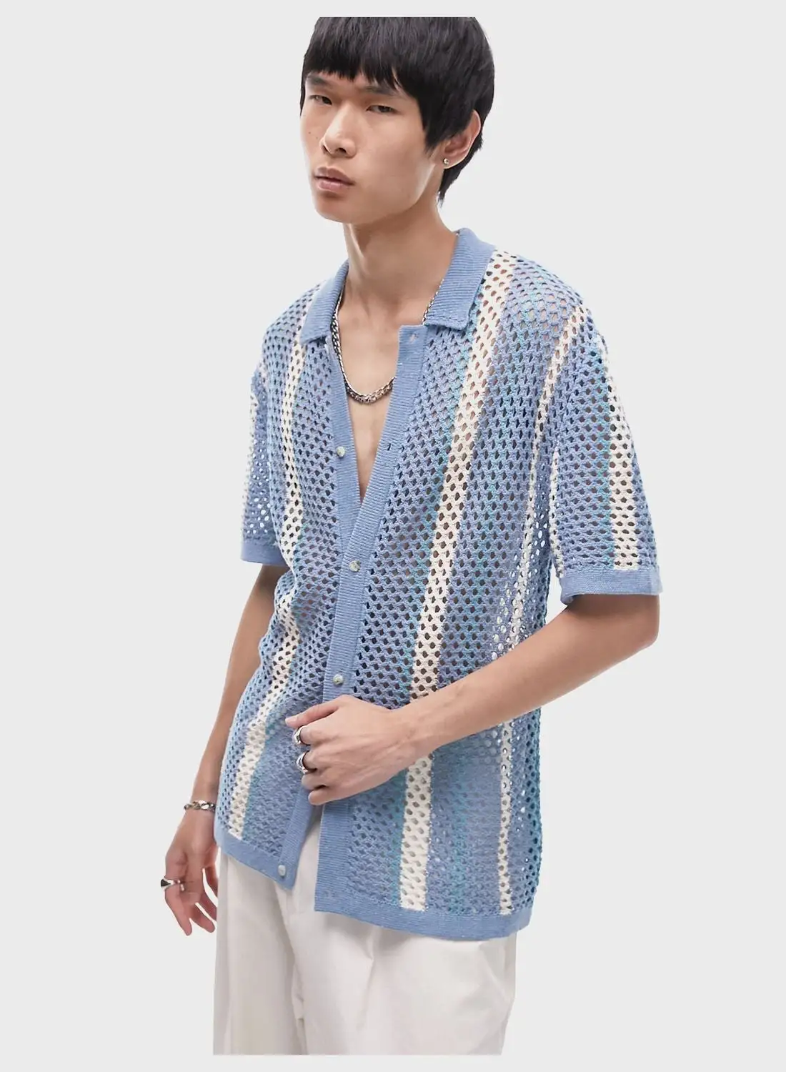 TOPMAN Crochet Button Down Striped Shirt