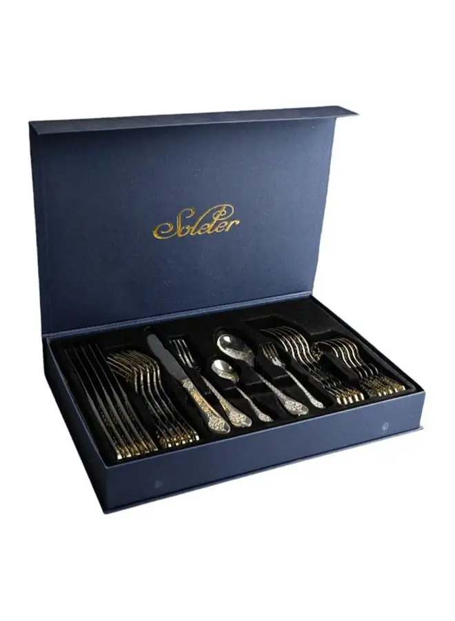 Soleter Soleter 30 Piece Cutlery Set Stainless Steel Flatware Set With Case  Eco-Friendly  Silver  And Gold Mirror Polish  And Laser Pattern