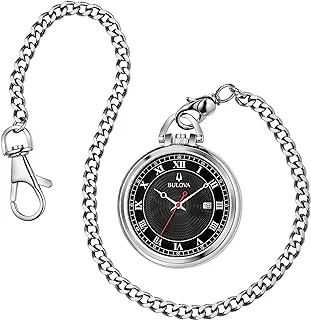 بولوفا ساعة جيب كلاسيكية بثلاث عقارب من الفولاذ المقاوم للصدأ كوارتز ، قرص أسود مع نمط سلسلة قابل للفصل: 96B308 ، فضي اللون ، ساعة جيب كلاسيكية