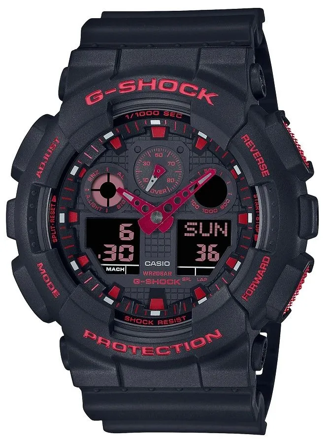 CASIO Casio Men Watch G-Shock Black and Fiery Red Analog Digital Black Dial Resin Band GA-100BNR-1AD