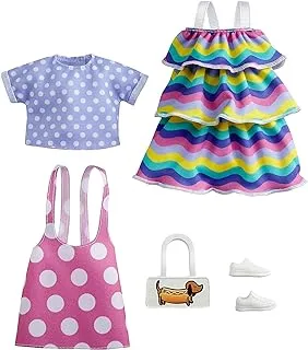 ​Barbie Fashions 2-Pack Clothing Set, 2 Outfits for Barbie Doll Include Pink Polka-Dot Jumper, Purple Polka-Dot Top, Striped Dress & 2 Accessories, Gift for Kids 3 to 8 Years Old