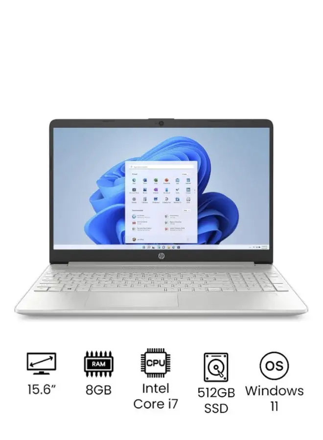 HP 15s-fq5003nx Laptop With 15.6-inch FHD (1920x1080) Display, Core i7-1255U Processor/8GB RAM DDR4/512GB SSD/Windows 11/Intel Iris Xe Graphics/ English/Arabic Natural Silver