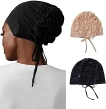 Goodern 2 Pack Muslim Inner Under Hijab Cap with Elastic Ties Back,Mesh Elastic Inner Cap Undercap Hijab,Islamic Under Scarf Jersey Bonnet Headwrap,Turban Under Scarf Bonnet Hat Inner Beanies Hat