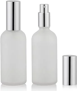 SYOSI Spray Bottles 100ml, Frosted Glass Spray Bottles, 2Pcs Leak Proof Travel Empty Spray Bottles with Caps, Refillable Bottle for Perfume, Essential Oils, Makeup Toner Lotion Hair Sprayer (Silver)