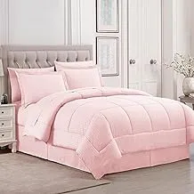 مجموعة لحاف مكونة من 8 قطع من مجموعة Sweet Home، تصميم مخطط، ملاءات سرير، 2 كيس وسادة، 2 غطاء وسادة بديل للدفء طوال الموسم، مقاس King، Dobby Pale Pink