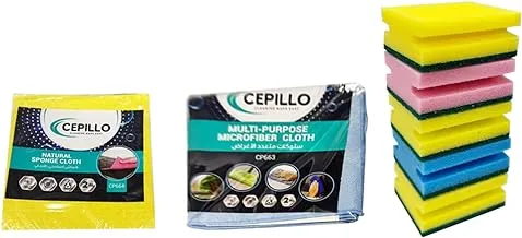 CEPILLO 9Pcs Kitchen Cleaning Set | 2Pcs Multi-purpose Microfibre Cloth/Reusable | 2Pcs Natural Sponge Cloth Wipe/Quickly Soaks Absorb | 5Pcs Multicolored Sponge Scourer/Dish Sponge