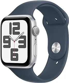 Apple Watch SE (2nd Gen, 2023) [GPS 44mm] ساعة ذكية مع هيكل من الألومنيوم الفضي مع حزام رياضي فضي S/M. متتبع اللياقة البدنية والنوم، اكتشاف الأعطال، مراقب معدل ضربات القلب، شاشة شبكية العين، مقاومة للماء