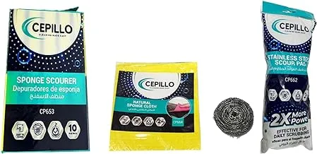 CEPILLO 15Pcs Kitchen Cleaning Set | 2Pcs Natural Sponge Cloth Wipe/Quickly Soaks Absorb | 3pcs Stainless Steel Scrubbing Scouring Pad/Wool Scrubber | 10Pcs Sponge Scourer
