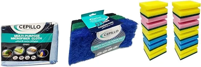 CEPILLO 15Pcs Kitchen Cleaning Set | 2Pcs Multi-purpose Microfibre Cloth/Reusable | 3pcs Heavy duty XL Scrubbing Pads/Sponges | 10Pcs Multicolored High Foam Dishwashing Grip Sponge Scourer
