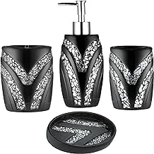 Popular Bath 4pc Sinatra Stylish Bathroom Accessories Set Black Soap Dispenser/Lotion Pump, Tumbler, Tooth Brush Holder and Soap Dish Modern Luxury Decor Bling Mosaic Glass Black Bathroom Accessories