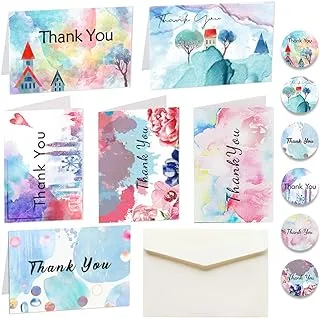 MAKINGTEC Thank You Cards Pack, 12 Pack Watercolor Thank You Greeting Cards with 12 Stickers and 12 Envelopes for All Graduation, Weddings, Occasion Birthdays Baby Showers Teachers and Wedding