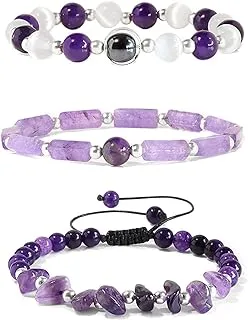 Magnetic Therapy Ionic Bracelet, Slimming Weight Loss Healing Bracelet, 3Pcs Natural Stones Moonstone Amethyst Crystal Magnetic Therapy Bracelets for Arthritis Pain Relief Promotes Blood Circulation