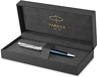 Parker Sonnet Ballpoint Pen | Premium Metal and Blue Satin Finish with Chrome Trim | Medium Point with Black Ink Refill | Gift Box