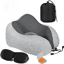 Travel Pillow Set, Memory Foam Neck Pillow for Travel Accessories, U Shape Head Pillow Airplane Travel Kit with 3D Contoured Eye Masks, Earplugs and Storage Bag