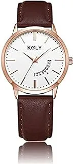 كولي ساعة يد رجالية انالوج K004 جلد بني ذهبي وابيض - Koly Analog Watch Leather For Men K004 Brown Gold and White