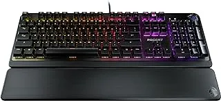 لوحة مفاتيح Roccat Pyro الميكانيكية للألعاب ، إضاءة RGB ، إضاءة Aimo ، لوحة مفاتيح سلكية للكمبيوتر ، معصم / مسند راحة يد قابلة للفصل ، مفاتيح ذات إحساس خطي باللون الأحمر ، لوحة علوية من الألومنيوم المصقول ، أسود
